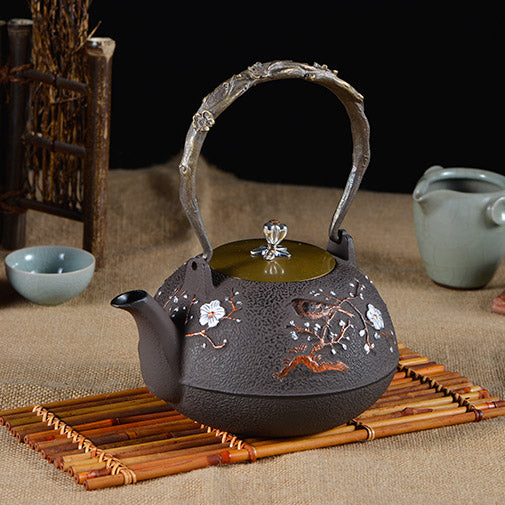 Japanese Cast Iron Magpie Plum Teapot