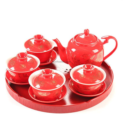 Chinese Wedding Teapot With Four Gaiwan