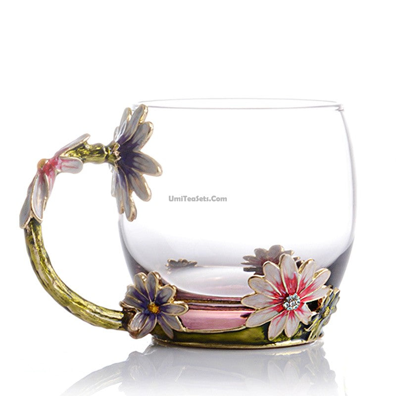 Colour Enamel Flowers Glass Tea Cup