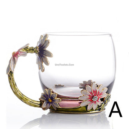 Colour Enamel Flowers Glass Tea Cup