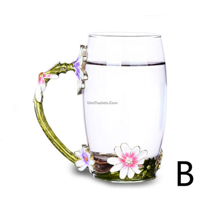 Colour Enamel Flowers Glass Tea Cup