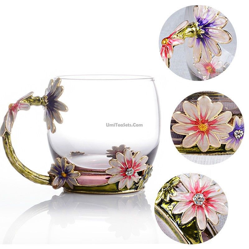 Colour Enamel Flowers Glass Tea Cup