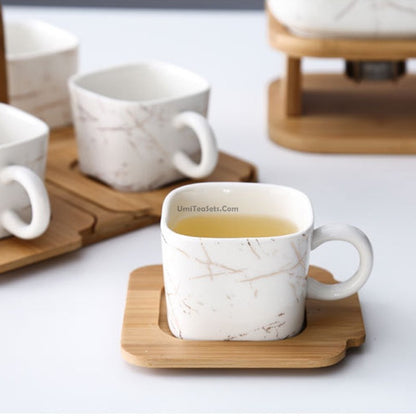 Marbling Modern Tea Set With Bamboo Stand