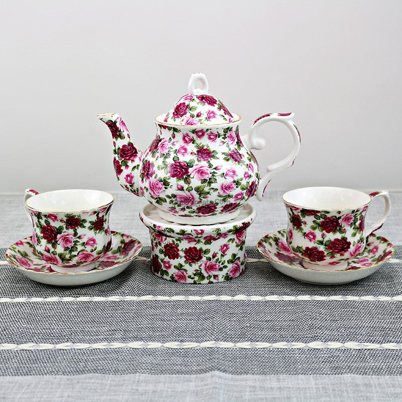 Red Rose Bone China Tea For Two With Warmer