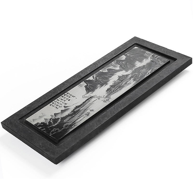 Black Stone Tea Tray With Carved Landscape