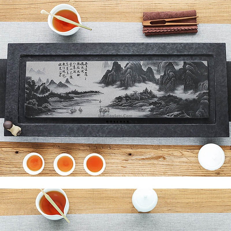 Black Stone Tea Tray With Carved Landscape