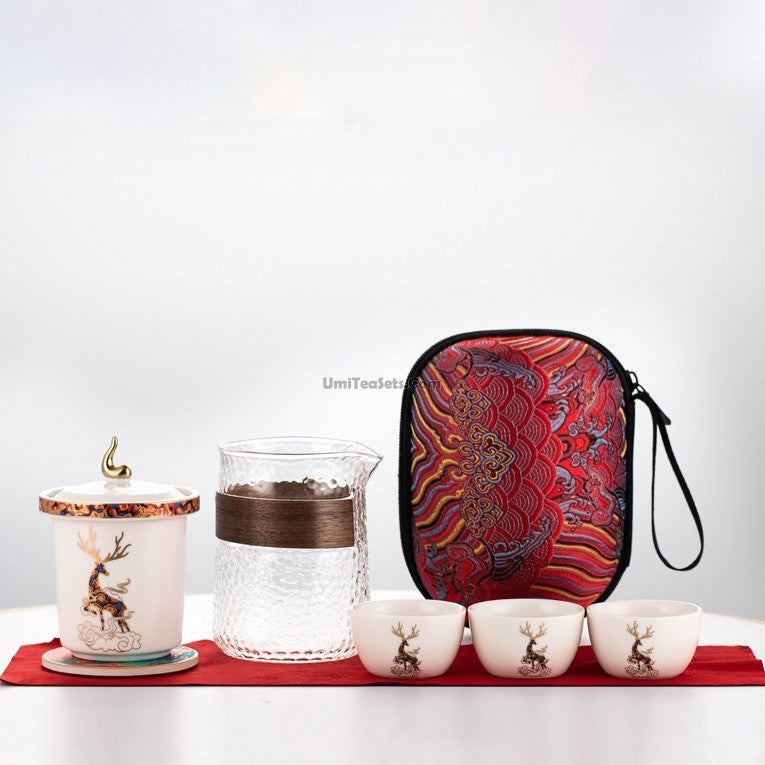 Glass And Porcelain Deer Travel Tea Set