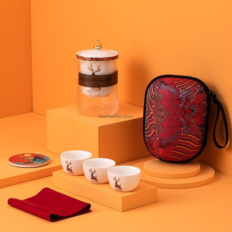 Glass And Porcelain Deer Travel Tea Set