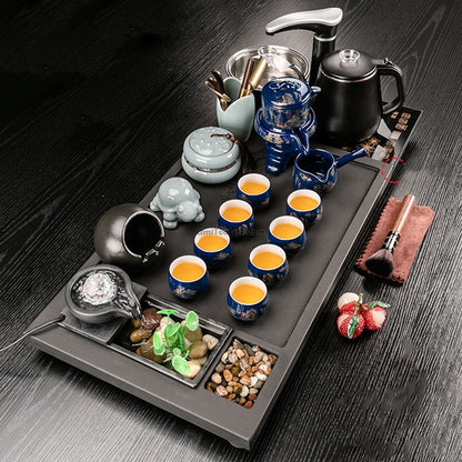 Blue Sea Wave Tea Set With Stone Tea Tray