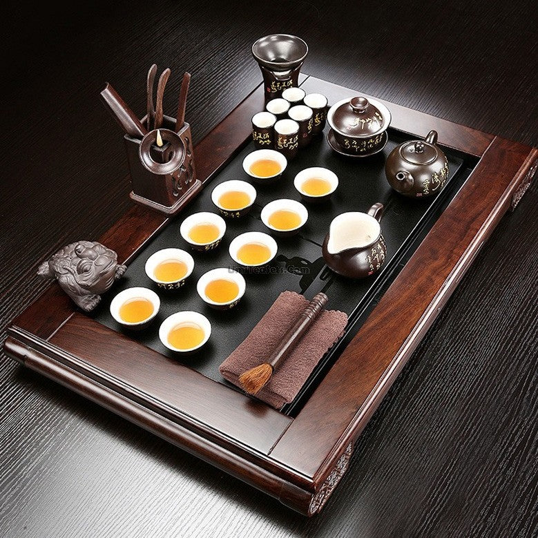 Black Peom Tea Set With Stone Rosewood Tea Tray