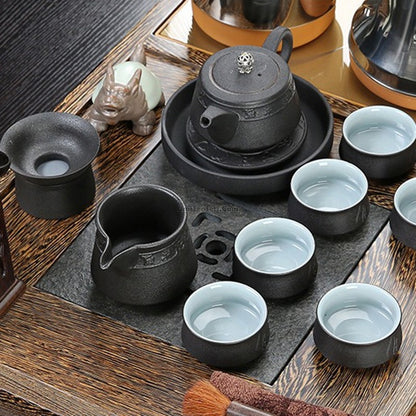 Black Ceramic Tea Set With Panga-Pange Tea Tray