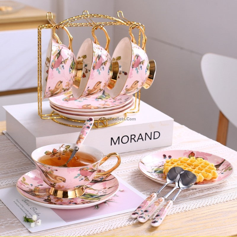 Pink Birds Bone China Tea Set