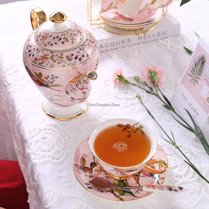 Pink Birds Bone China Tea Set