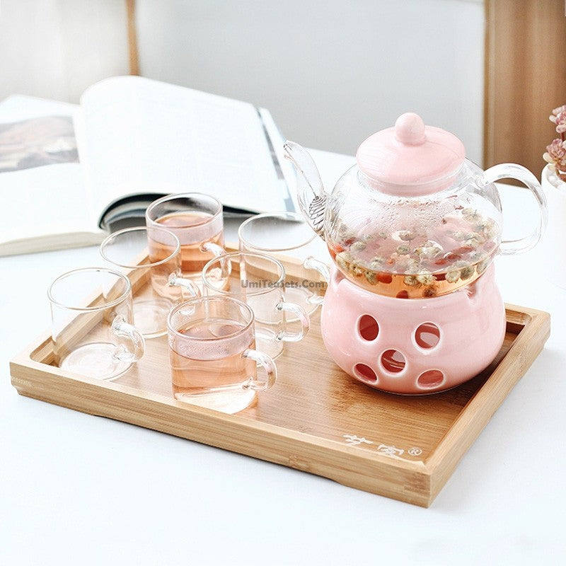 Glass Tea Set With Pink Porcelain Warmer