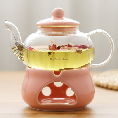 Glass Tea Set With Pink Porcelain Warmer