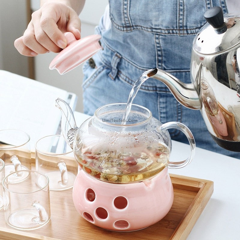 Glass Tea Set With Pink Porcelain Warmer