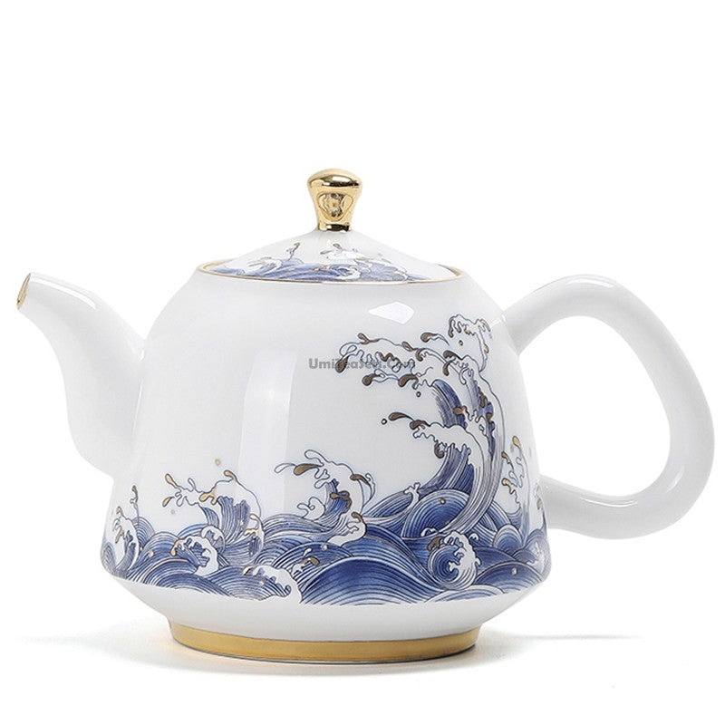 Chinese Sea Wave Teapot With Golden Rims