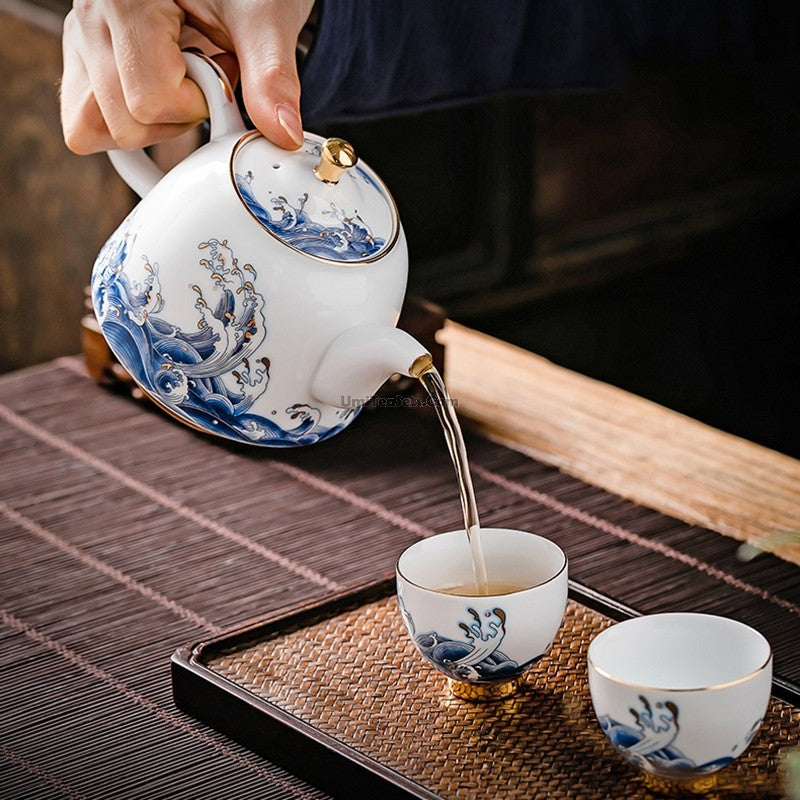 Chinese Sea Wave Teapot With Golden Rims