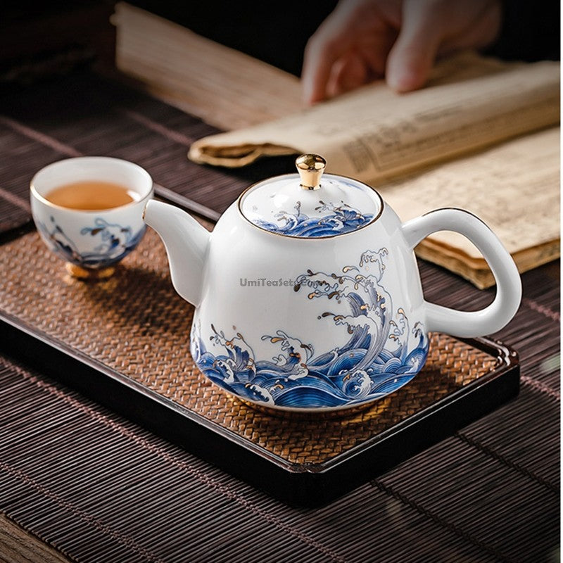 Chinese Sea Wave Teapot With Golden Rims